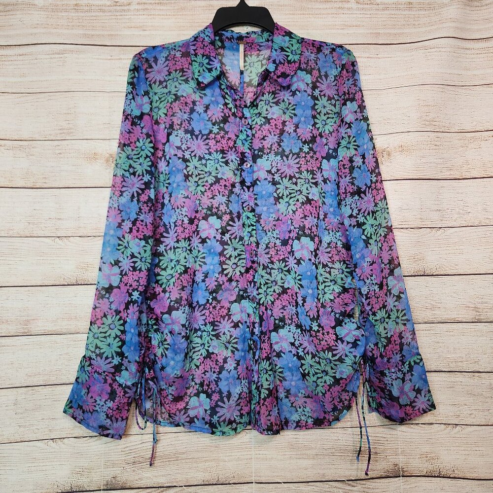 Free People x Revolve Mathilda Floral Button Down Sheer Blouse Long Sleeve S/P